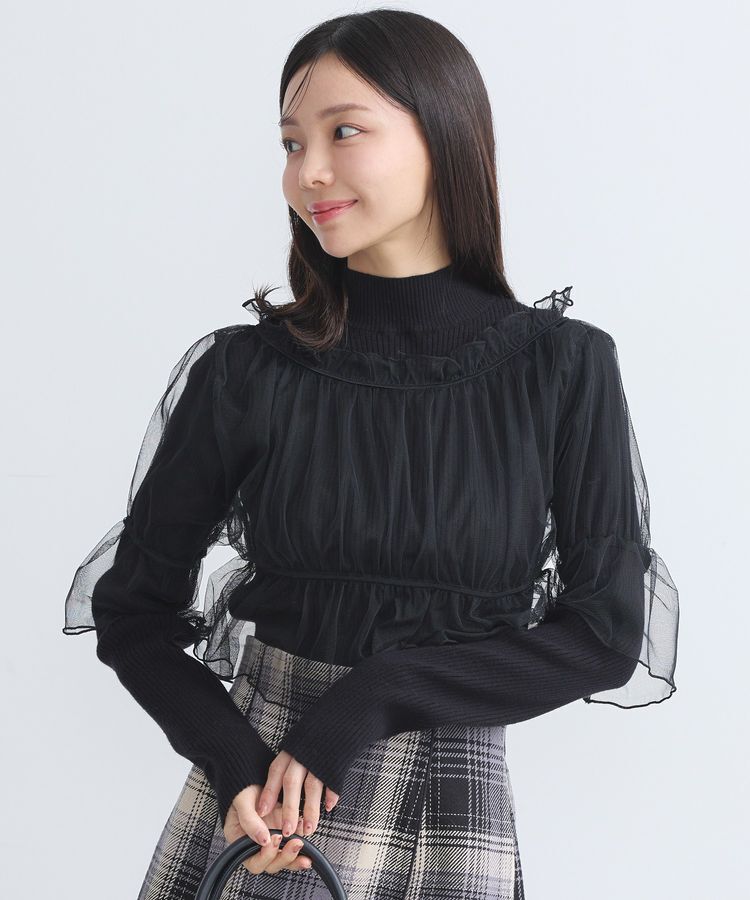 earth music&ecology「SET2点リブニットインナー+チュールプルオーバー」|ニット・セーター|Black