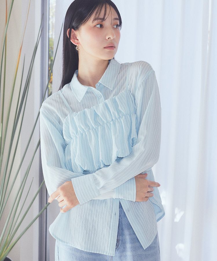 earth music&ecology「SET2点起毛ストライプシャツ+バルーンビスチェ」|シャツ・ブラウス|