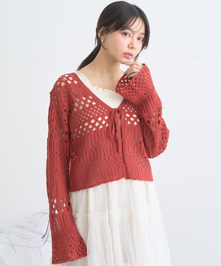 earth music&ecology「フロントリボン透かし編みカーディガン」|カーディガン|