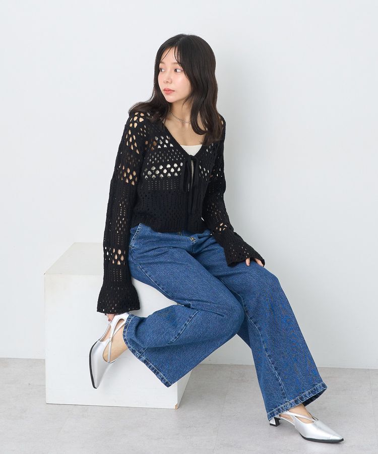 earth music&ecology「フロントリボン透かし編みカーディガン」|カーディガン|