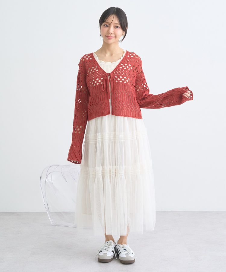 earth music&ecology「フロントリボン透かし編みカーディガン」|カーディガン|
