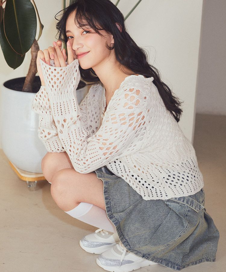 earth music&ecology「フロントリボン透かし編みカーディガン」|カーディガン|