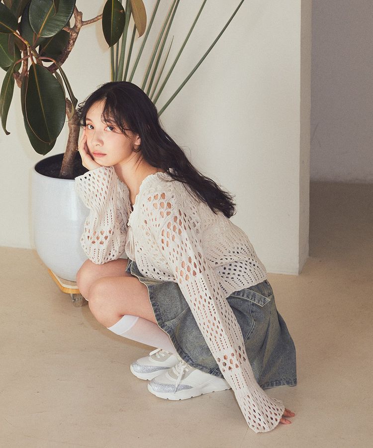 earth music&ecology「フロントリボン透かし編みカーディガン」|カーディガン|