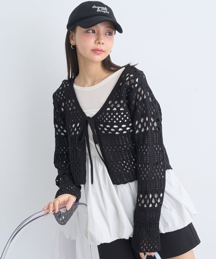 earth music&ecology「フロントリボン透かし編みカーディガン」|カーディガン|