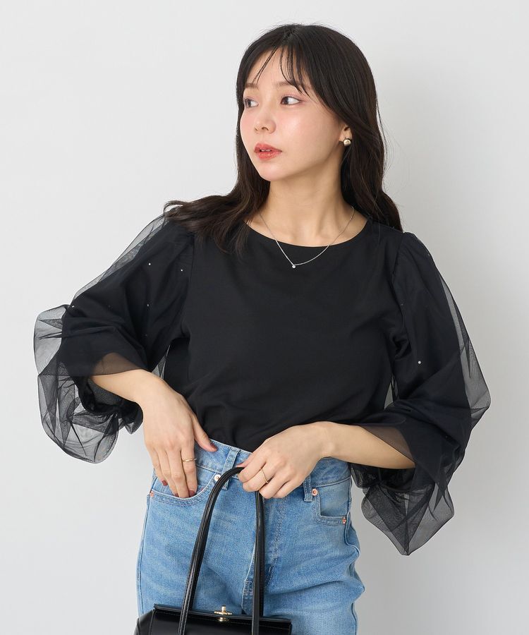 earth music&ecology「キラキラストーンパールチュールスリーブプルオーバー」|Tシャツ・カットソー|