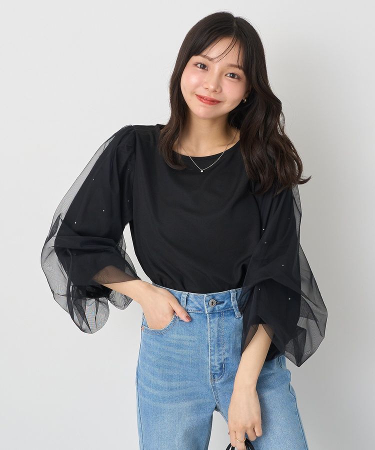 earth music&ecology「キラキラストーンパールチュールスリーブプルオーバー」|Tシャツ・カットソー|