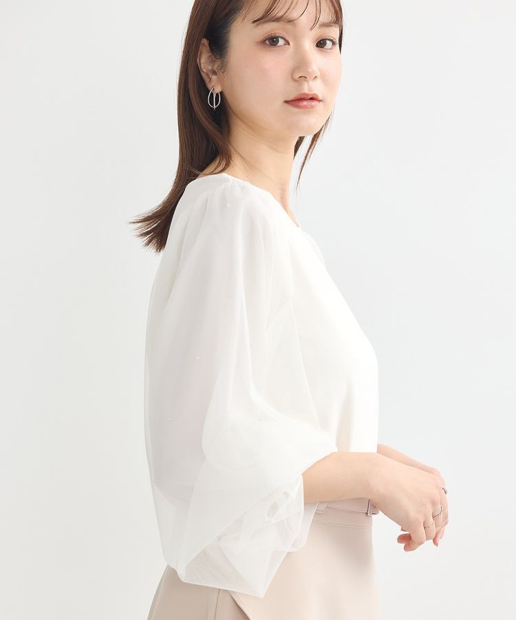 earth music&ecology「キラキラストーンパールチュールスリーブプルオーバー」|Tシャツ・カットソー|