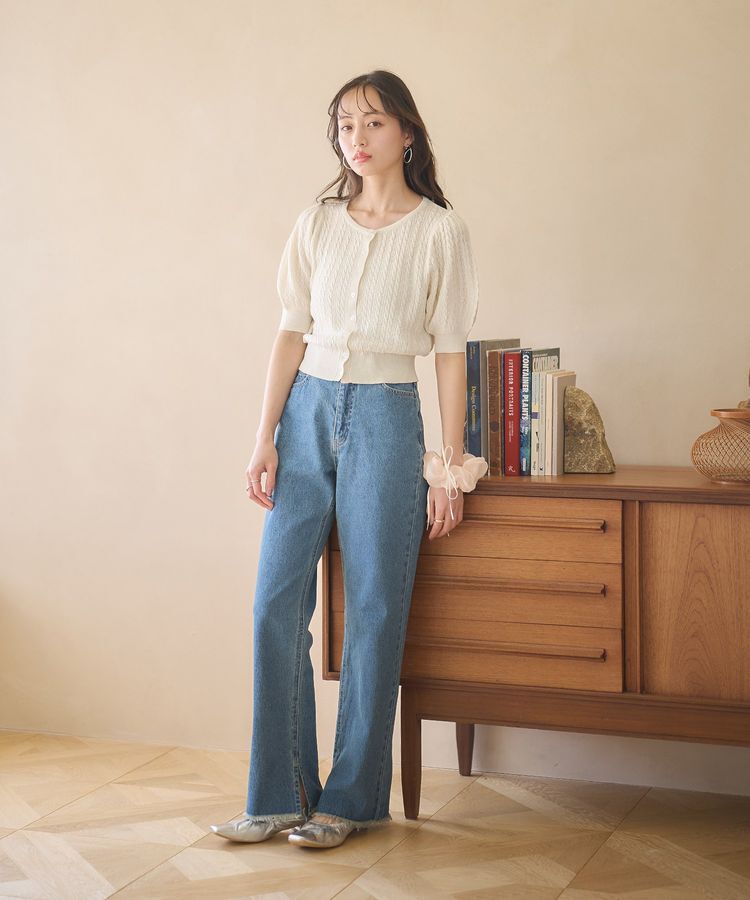 earth music&ecology「透かしケーブルパフスリニットカーディガン」|カーディガン|