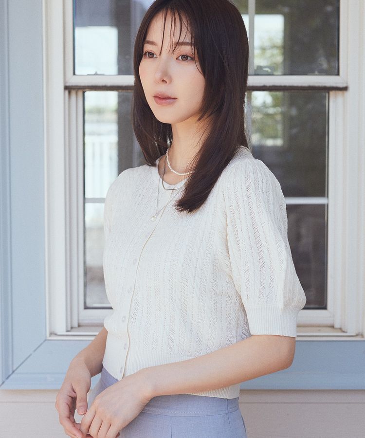 earth music&ecology「透かしケーブルパフスリニットカーディガン」|カーディガン|