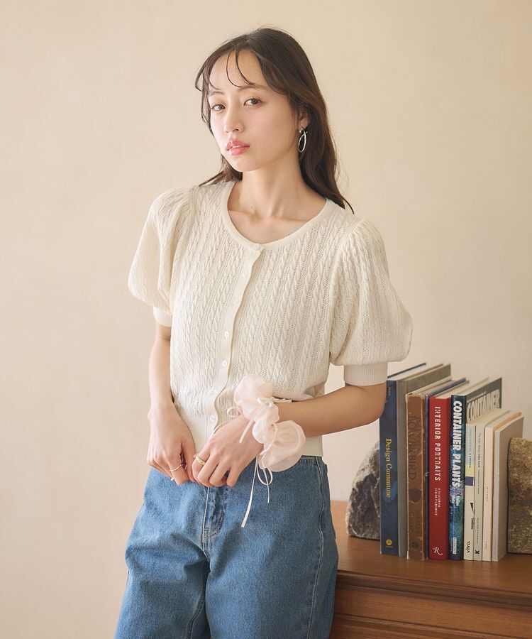 earth music&ecology「透かしケーブルパフスリニットカーディガン」|カーディガン|