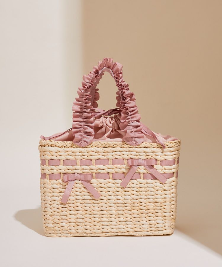Maison de FLEUR「フリルハンドルメイズリボンカゴバッグ」|ハンドバッグ|ピンクベージュ