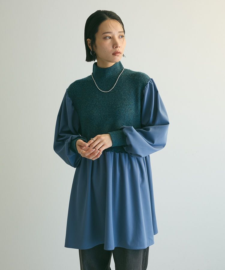 armonia「armonia.布帛切り替えニットミニワンピース」|ワンピース|Blue