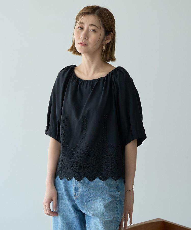 YECCA VECCA「アイレット刺繍タックスリーブブラウス」|シャツ・ブラウス|Black