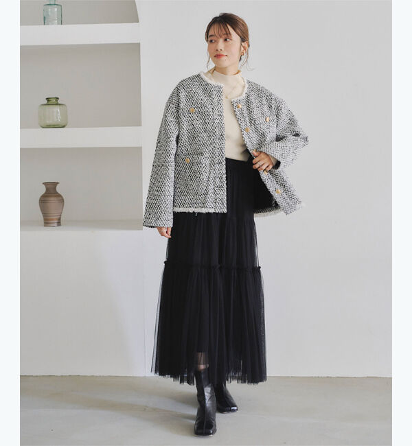 titivate「ツイードジャケット」|ノーカラージャケット|ﾌﾞﾗｯｸ/ｵﾌﾎﾜｲﾄ