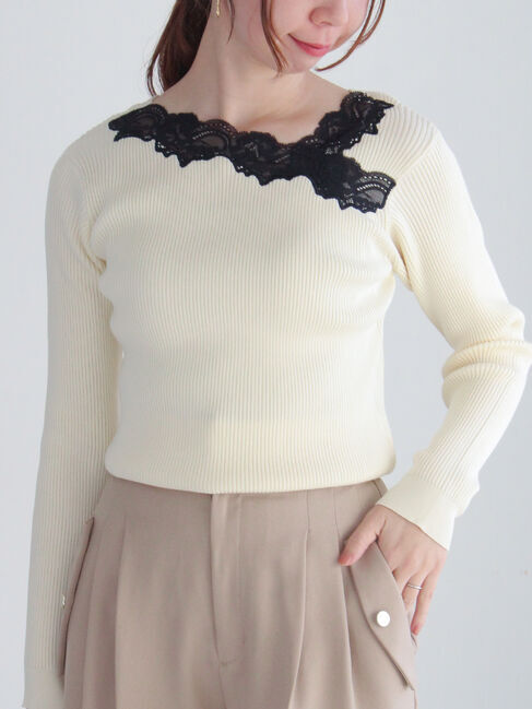 Te chichi「レースアシンメトリーネックリブニット」|ニット・セーター|オフホワイト