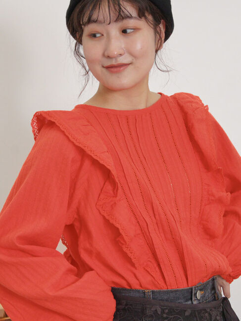Samansa Mos2「ドビーストライプレースフリルブラウス」|シャツ・ブラウス|レッド