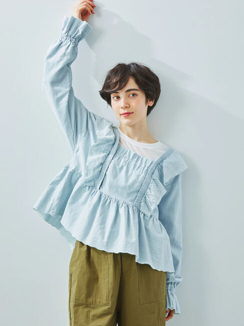 Samansa Mos2「デニムスカラップ刺繍フリル2WAYブラウス」|シャツ・ブラウス|