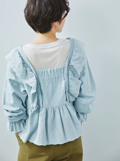 Samansa Mos2「デニムスカラップ刺繍フリル2WAYブラウス」|シャツ・ブラウス|
