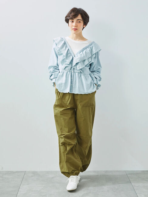 Samansa Mos2「デニムスカラップ刺繍フリル2WAYブラウス」|シャツ・ブラウス|