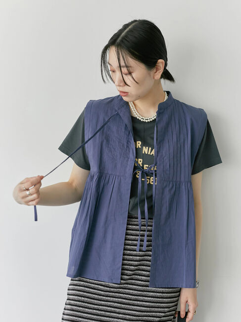 Samansa Mos2 blue「【Made in India】リボンベスト」|シャツ・ブラウス|ネイビー