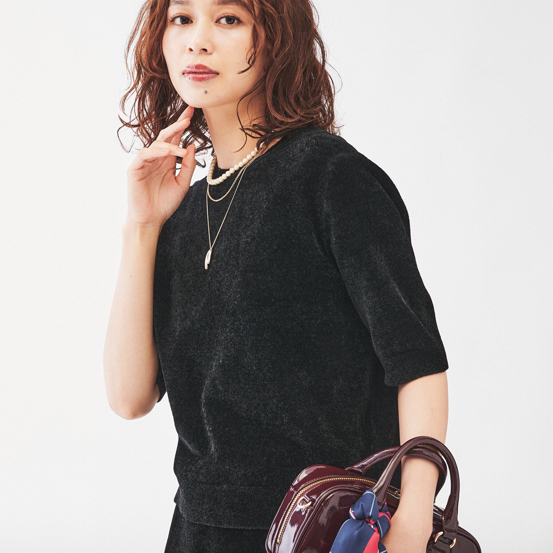 UNTITLED「【アンサンブル＆セットアップ可能】モール5分袖プルオーバー」|ニット・セーター|ブラック(019)