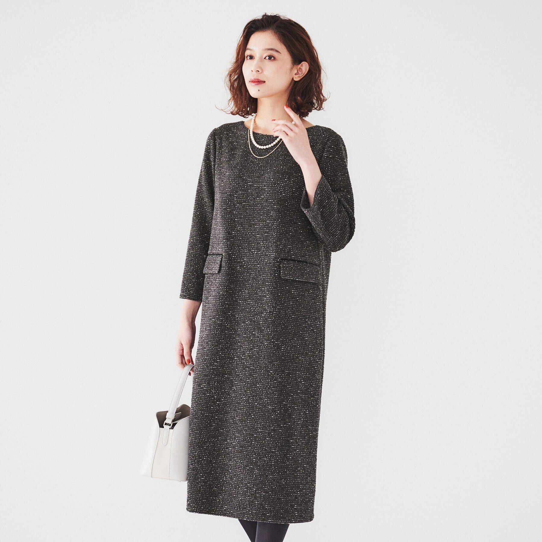 UNTITLED「【日本製/きれいめ】ツイードライクジャージ サックワンピース」|ワンピース|チャコールグレー(4