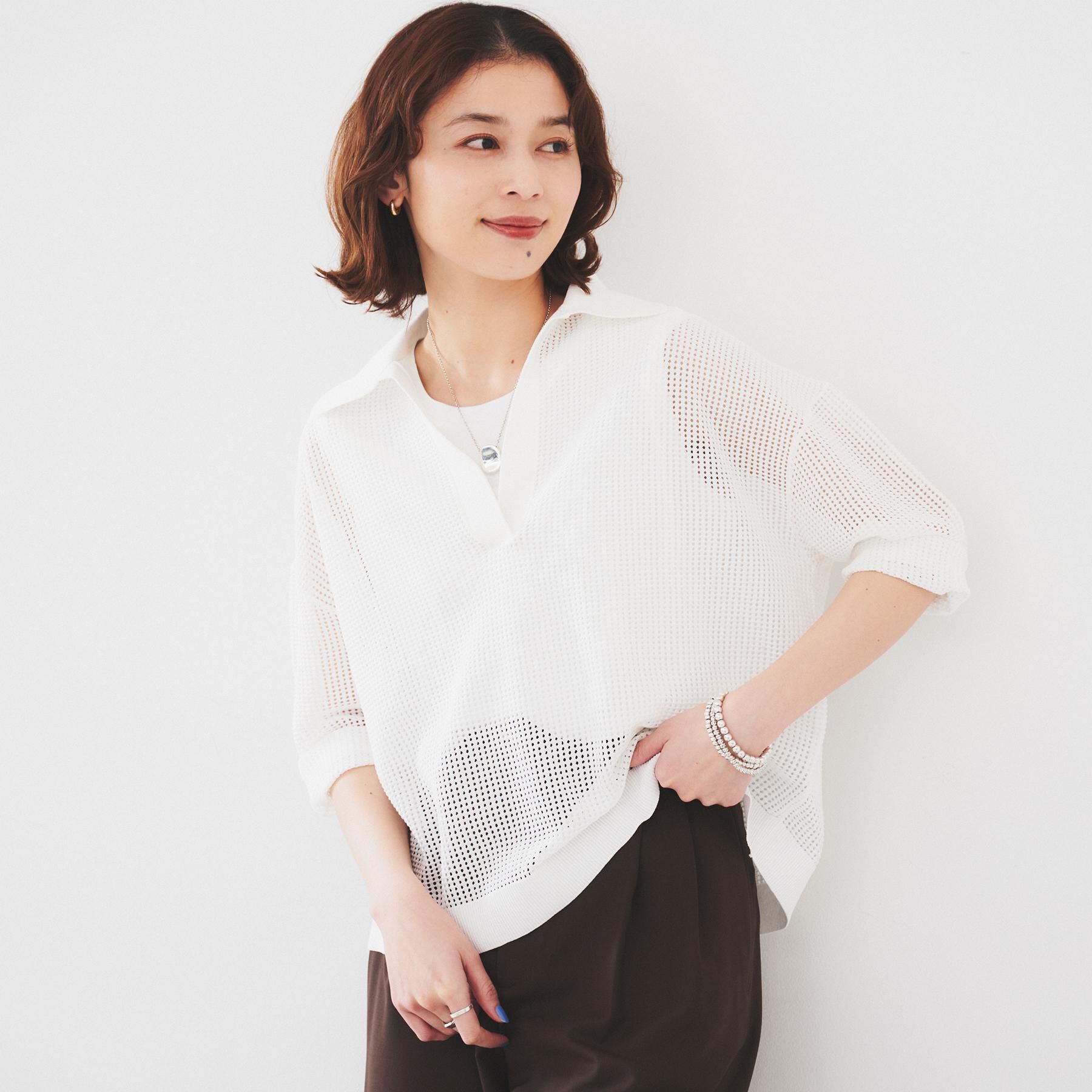 UNTITLED「【七分袖/春夏素材】メッシュ衿付きニット」|ニット・セーター|