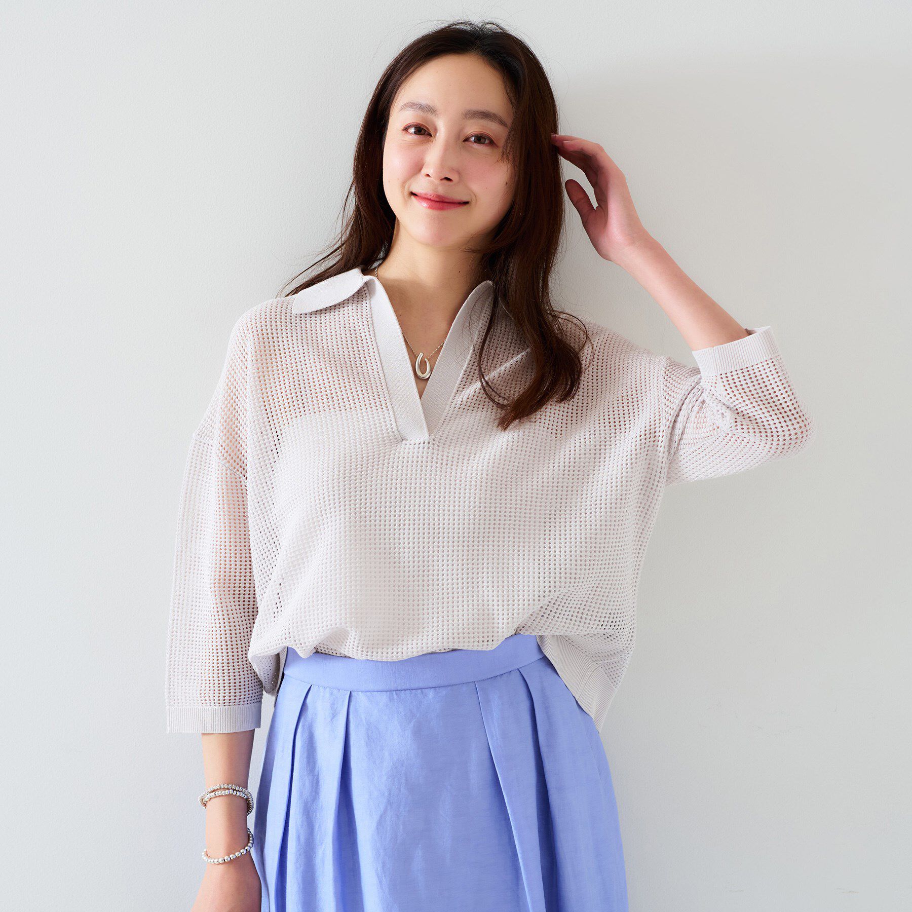 UNTITLED「【七分袖/春夏素材】メッシュ衿付きニット」|ニット・セーター|