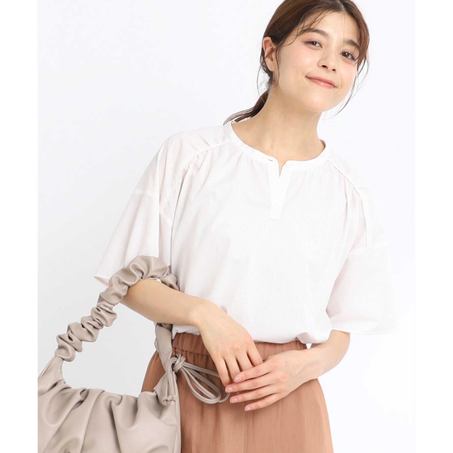 Reflect「【マシンウォッシュ可】五分袖ピンストライプブラウス」|シャツ・ブラウス|