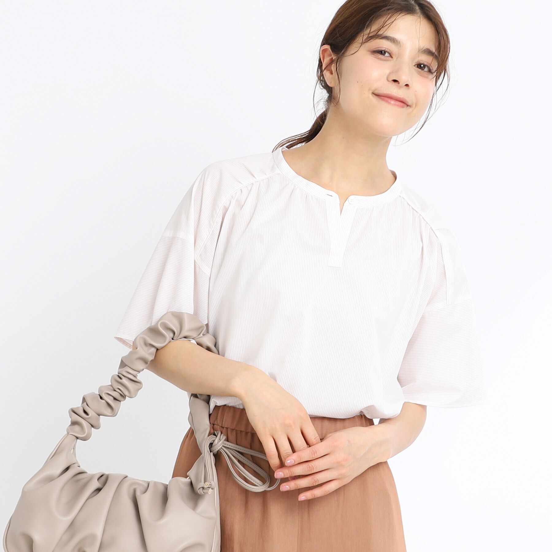 Reflect「【マシンウォッシュ可】五分袖ピンストライプブラウス」|シャツ・ブラウス|