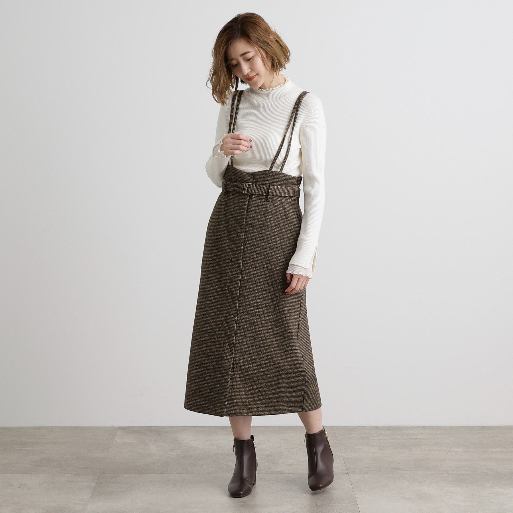grove「起毛ジャージーナローストラップ付きスカート」|ジャンパースカート|
