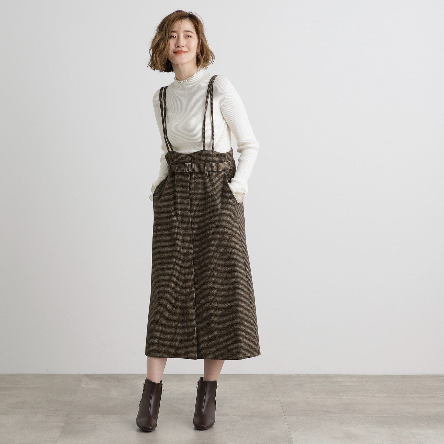 grove「起毛ジャージーナローストラップ付きスカート」|ジャンパースカート|
