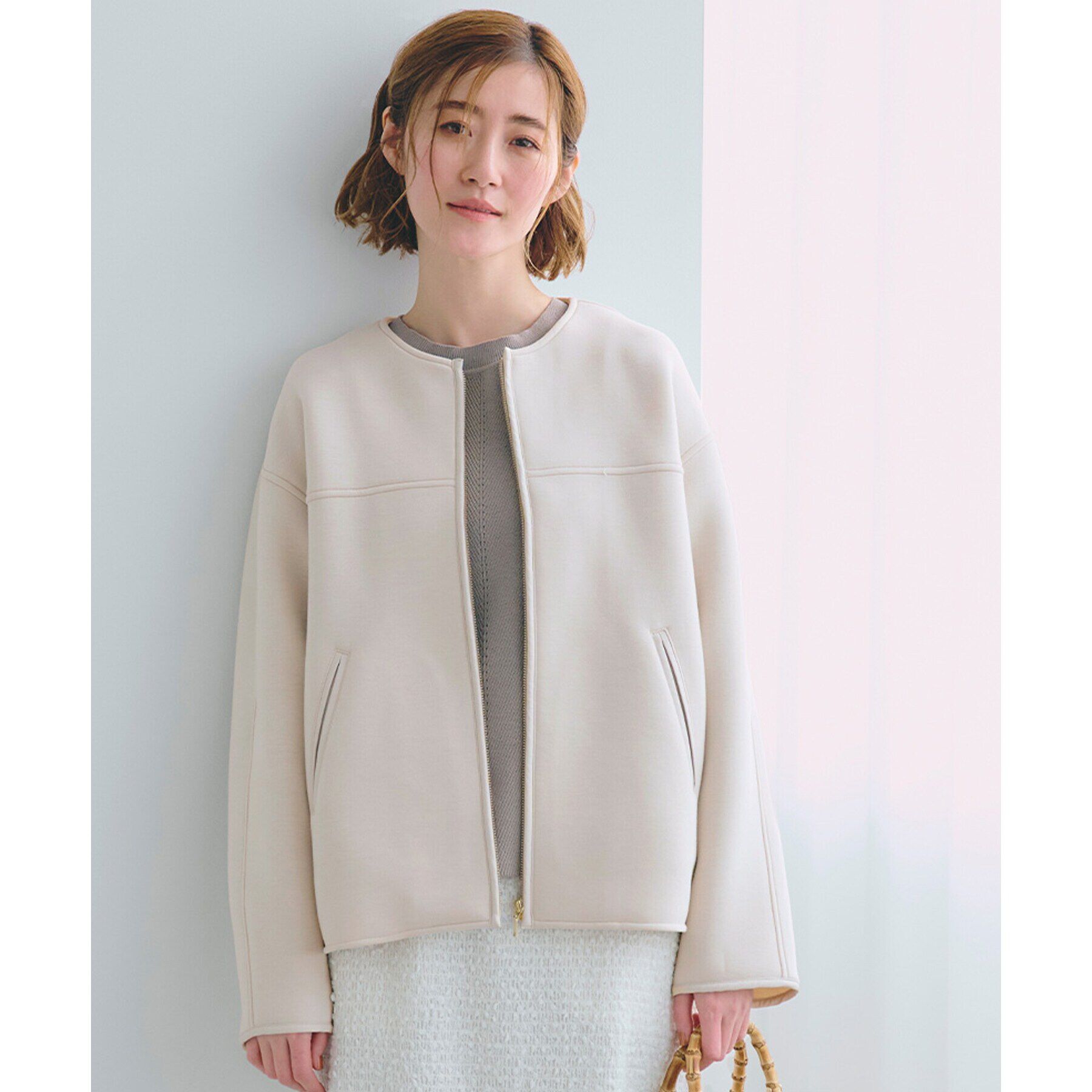 grove「ダンボールジャージパイピングブルゾン」|ブルゾン・スタジャン|グレージュ(050)