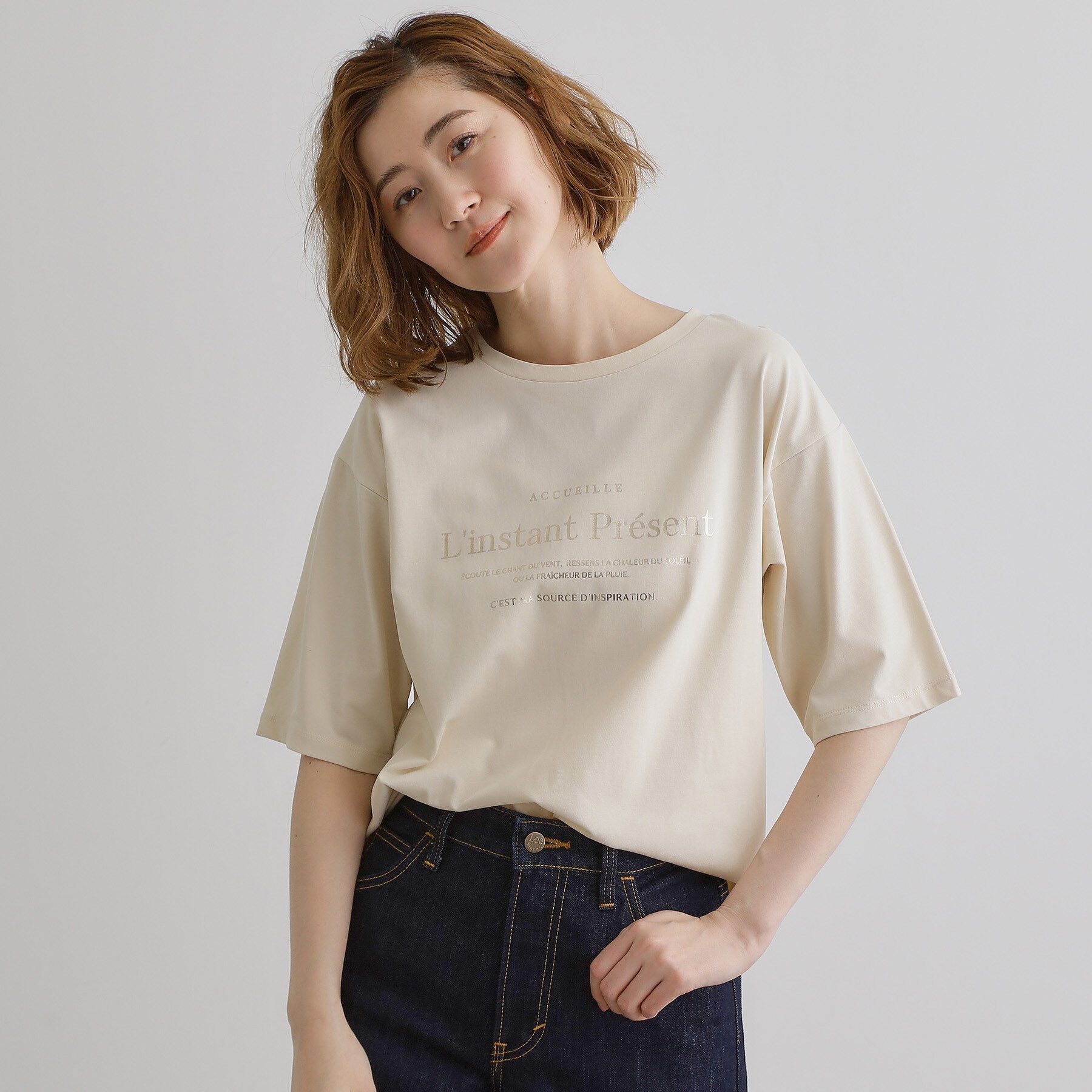 grove「五分袖ロゴプリントTシャツ」|Tシャツ・カットソー|ベージュ&times;ゴールド(