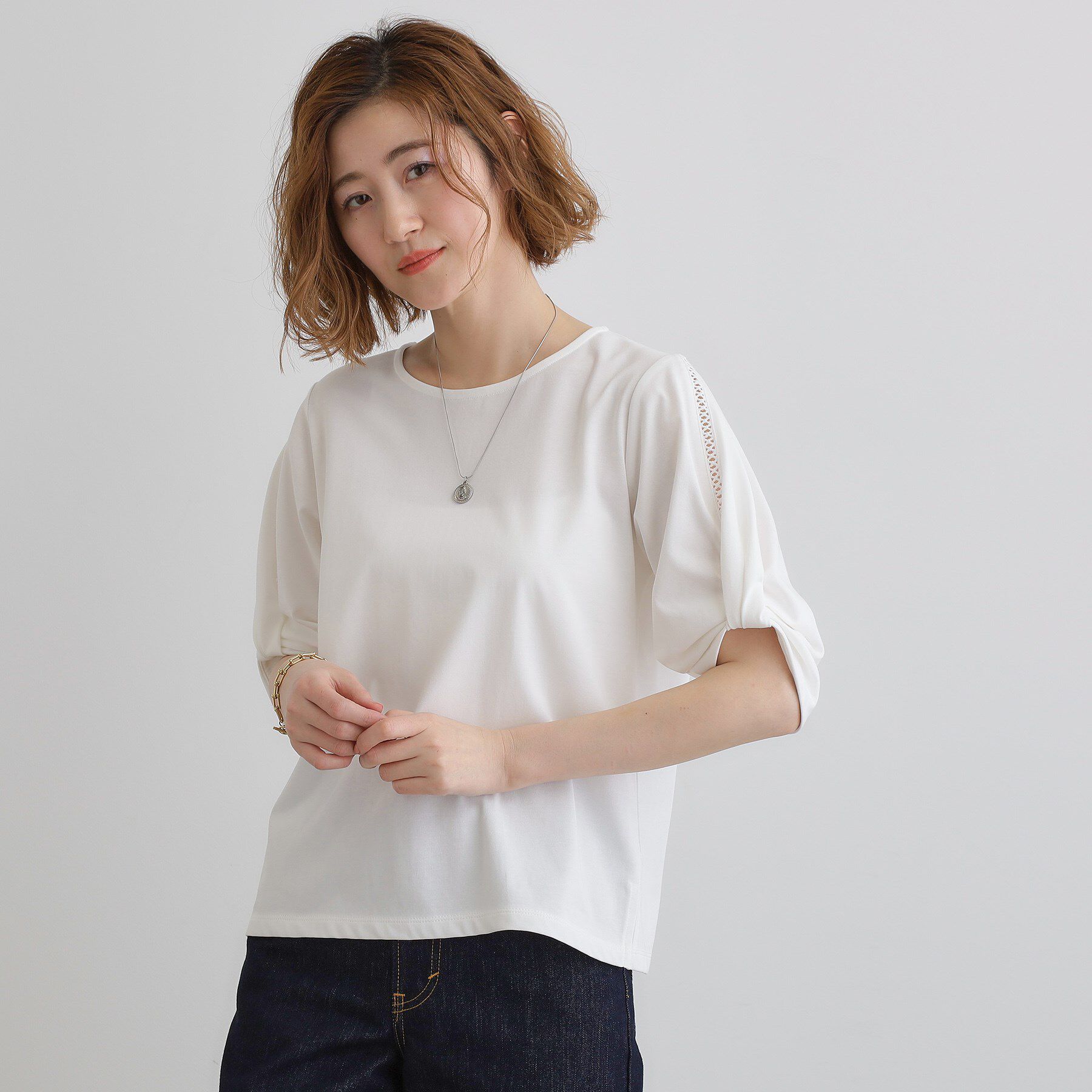 grove「【接触冷感・UVカットetc】レース切替え袖ねじりプルオーバー」|Tシャツ・カットソー|オフホワイト(003