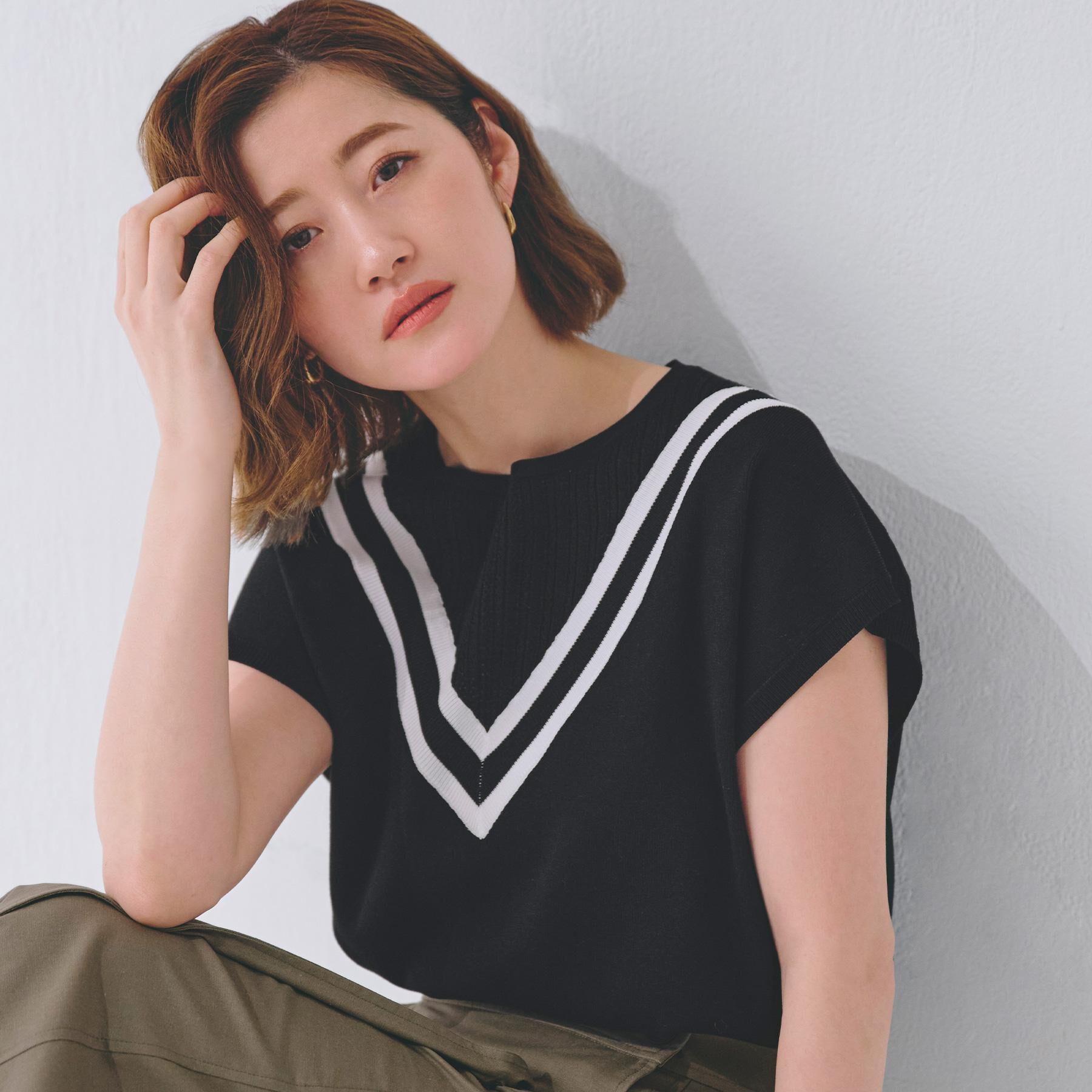 grove「繊細な透かし編みが上品な大人のチルデンニット」|ニット・セーター|ブラック(019)