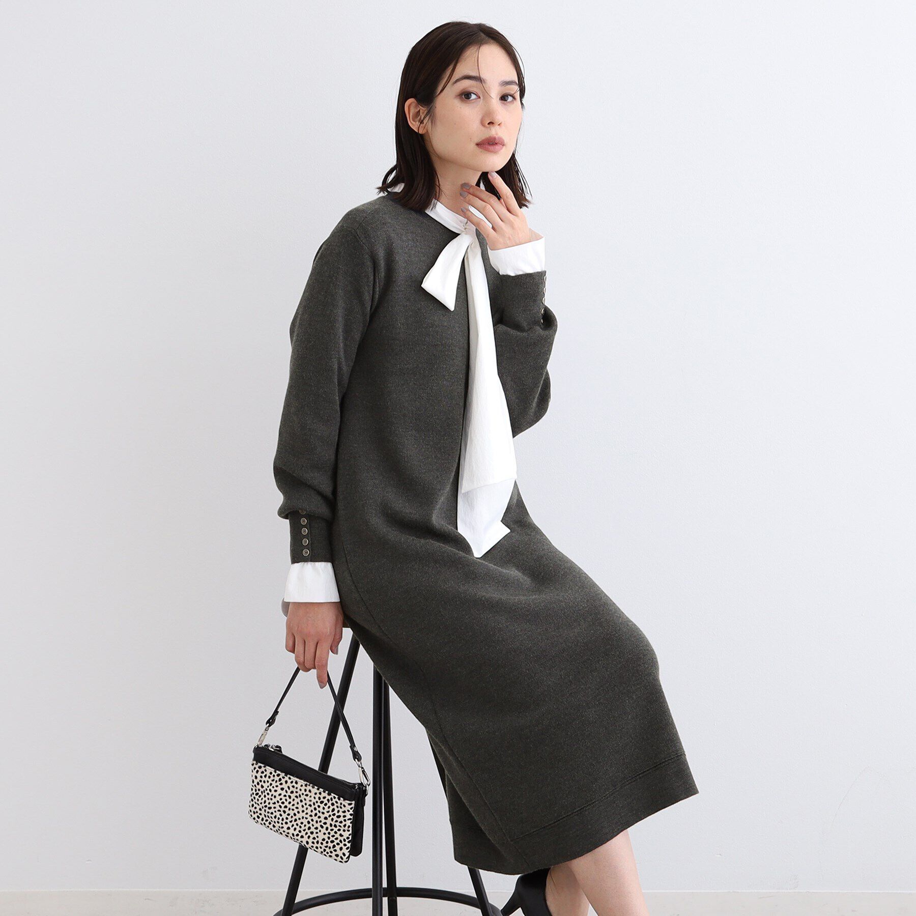 INDIVI「【ウール混／洗える】スムースニットワンピース」|ワンピース|チャコールグレー(9