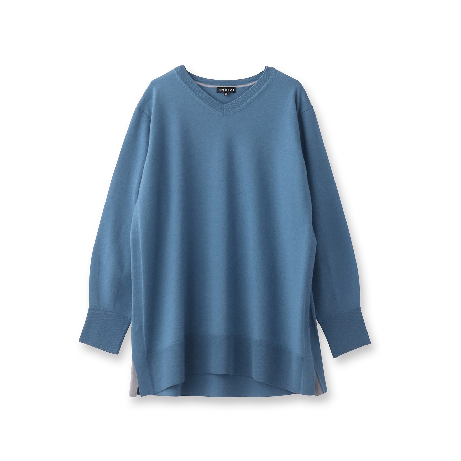 INDIVI「【洗える／チュニック丈／ボーダー柄】スリットデザインVネックニット」|ニット・セーター|