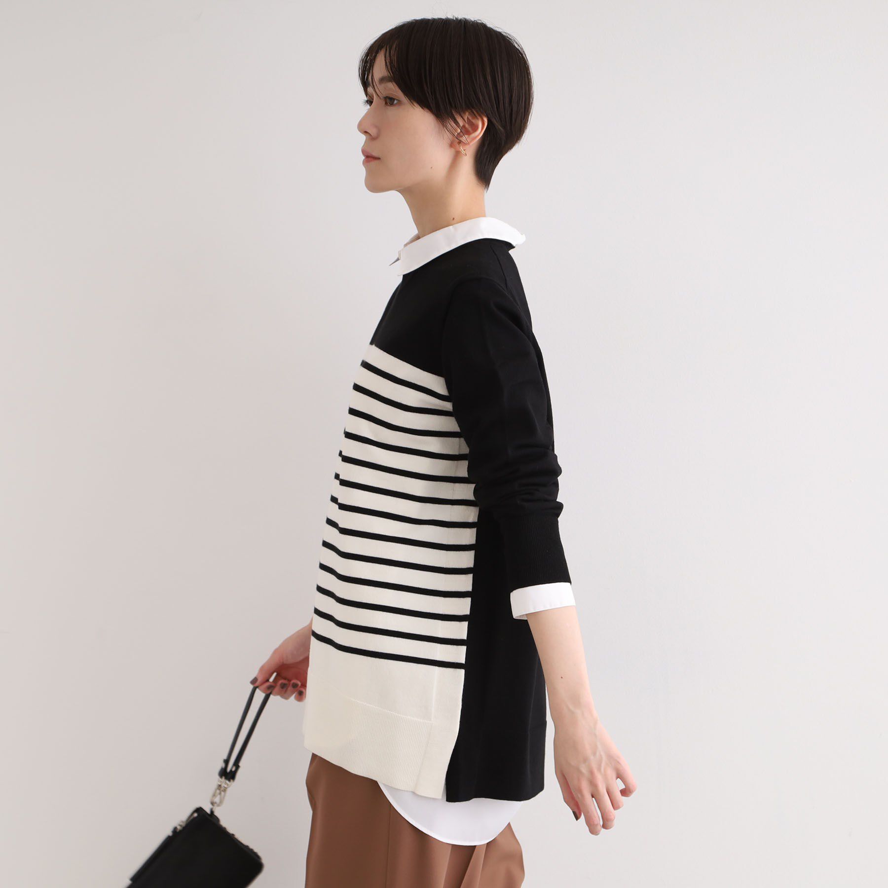 INDIVI「【洗える／チュニック丈／ボーダー柄】スリットデザインVネックニット」|ニット・セーター|