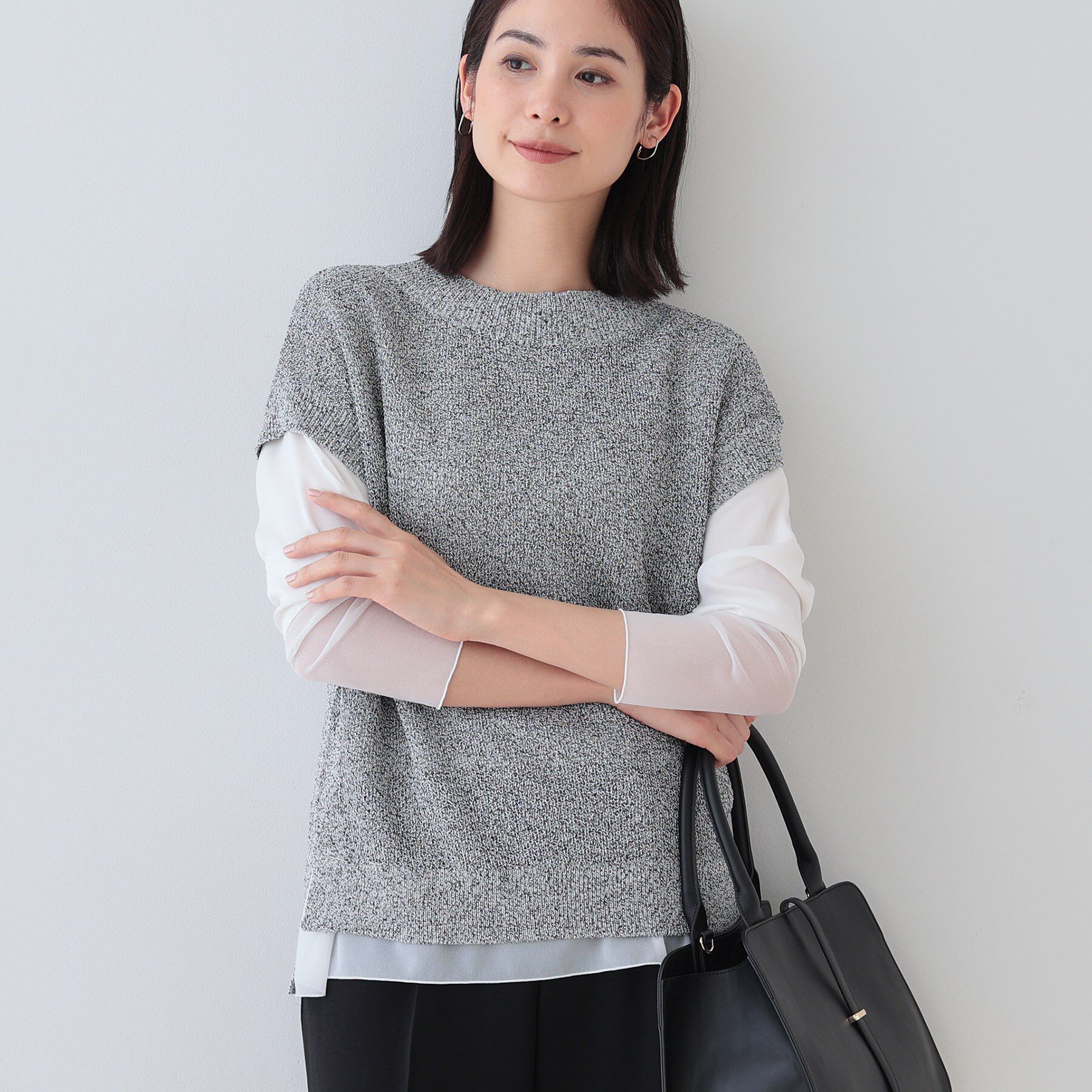 INDIVI「【和紙混素材】フレンチスリーブミックスカラーニット」|ニット・セーター|グレー(512)