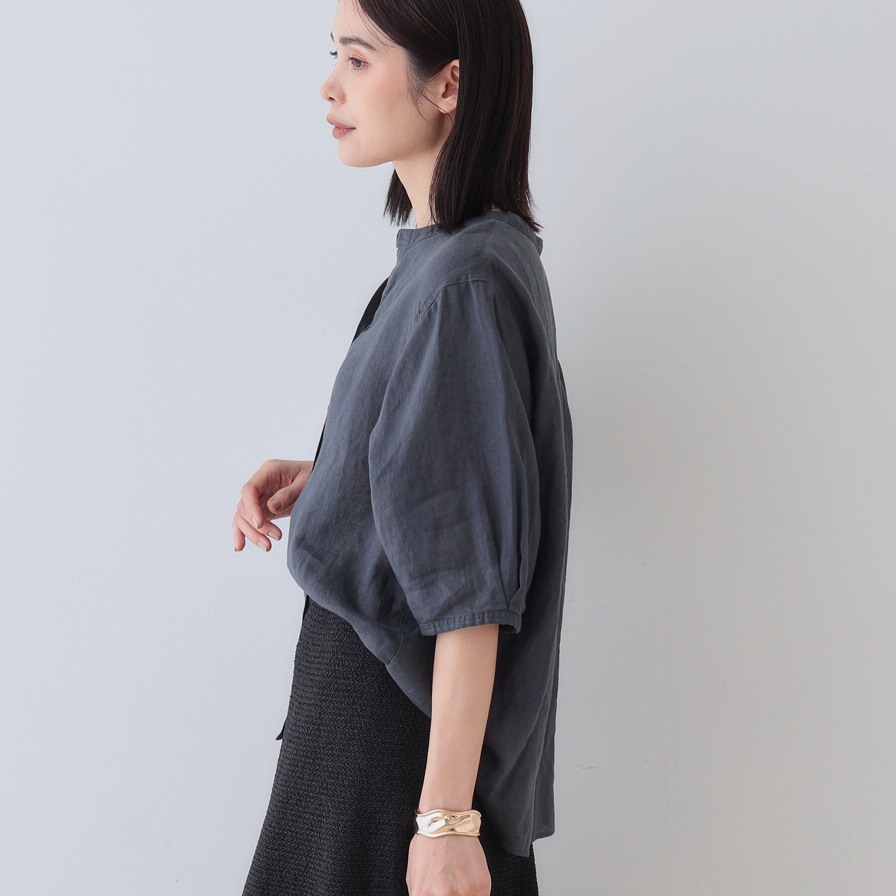 INDIVI「【毎年人気！／フレンチリネン】5分袖バンドカラーブラウス」|シャツ・ブラウス|