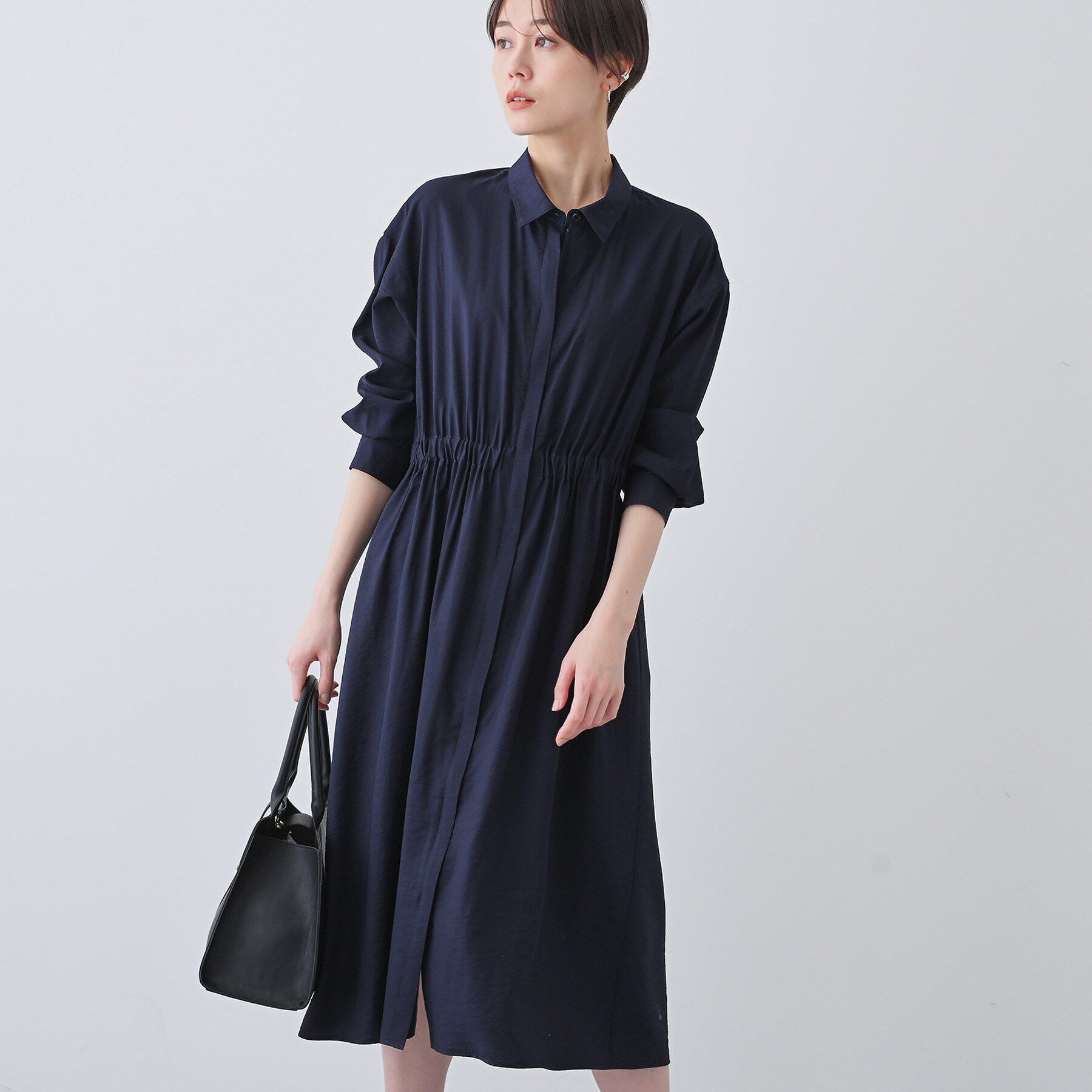 INDIVI「【洗える／2WAY】ワッシャー素材シャツ羽織りワンピース」|ワンピース|ネイビー(094)