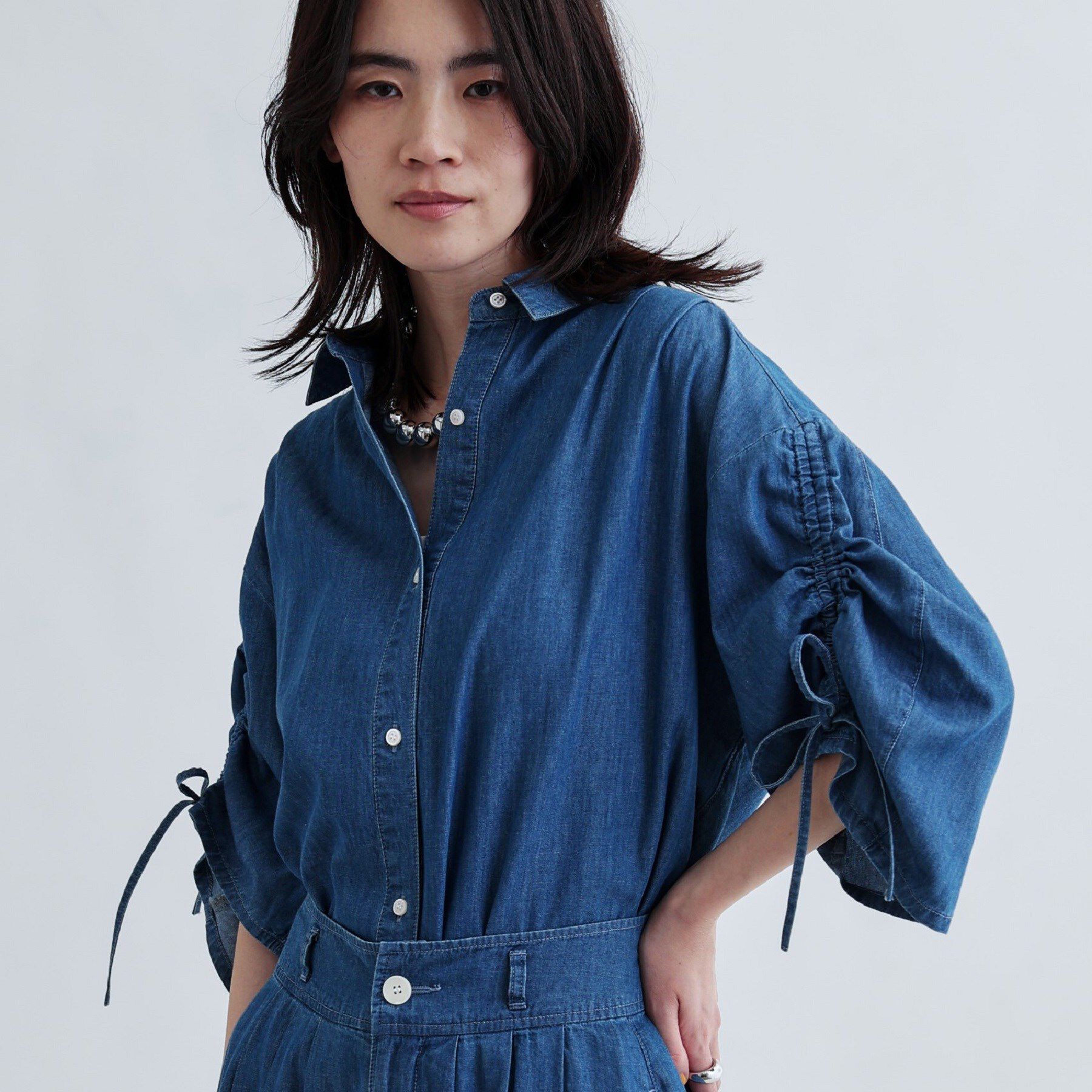 GALLEST「【セットアップ可能】シャーリングスリーブダンガリーシャツ」|シャツ・ブラウス|