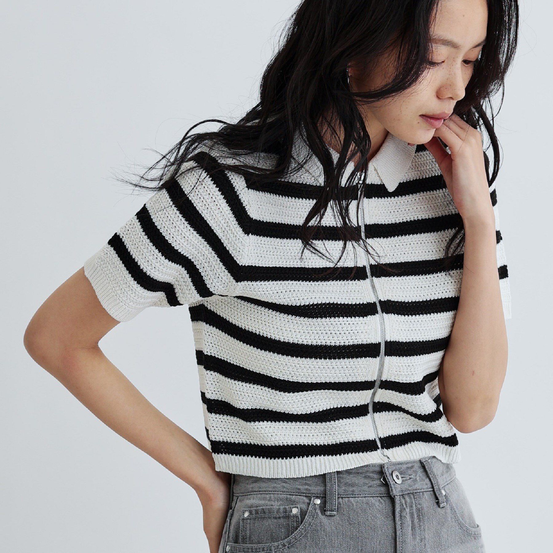 GALLEST「衿付きハーフスリーブボーダーニット」|ニット・セーター|ホワイト(301)