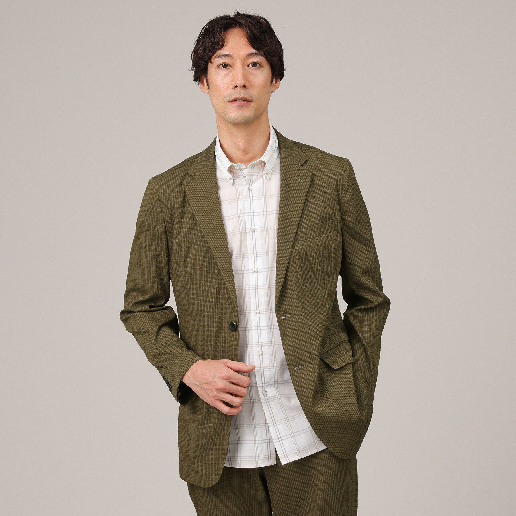 TAKEO KIKUCHI「【抗菌防臭】DotAir（R）シアサッカー ジャケット」|テーラードジャケット|カーキ(027)