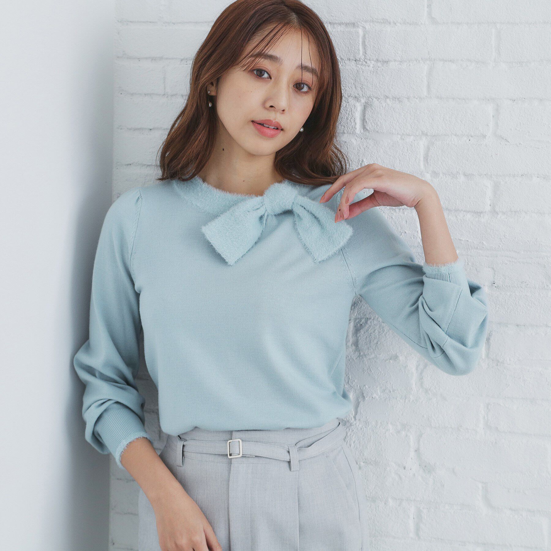 index「《6color/XS-LLsize》リボン取り外し2WAY フェザーリボンニット【洗濯機洗い可】」|ニット・セーター|サックスブルー(09