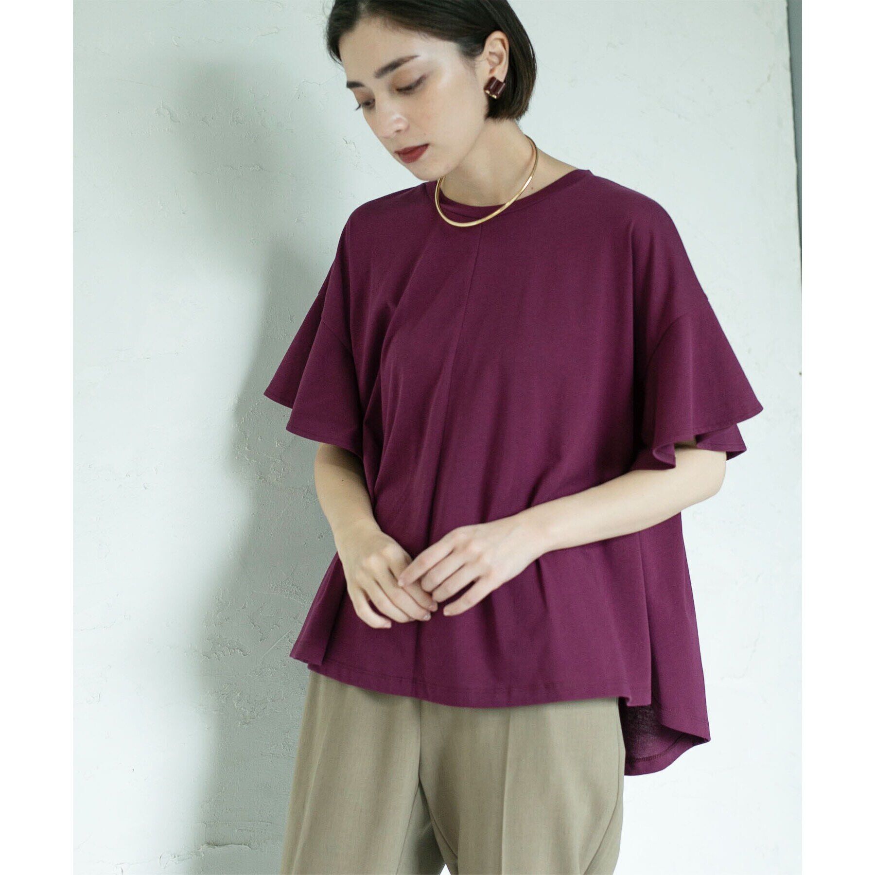 OPAQUE.CLIP「フリルスリーブカットソー【洗濯機洗い可】」|Tシャツ・カットソー|パープル(083)