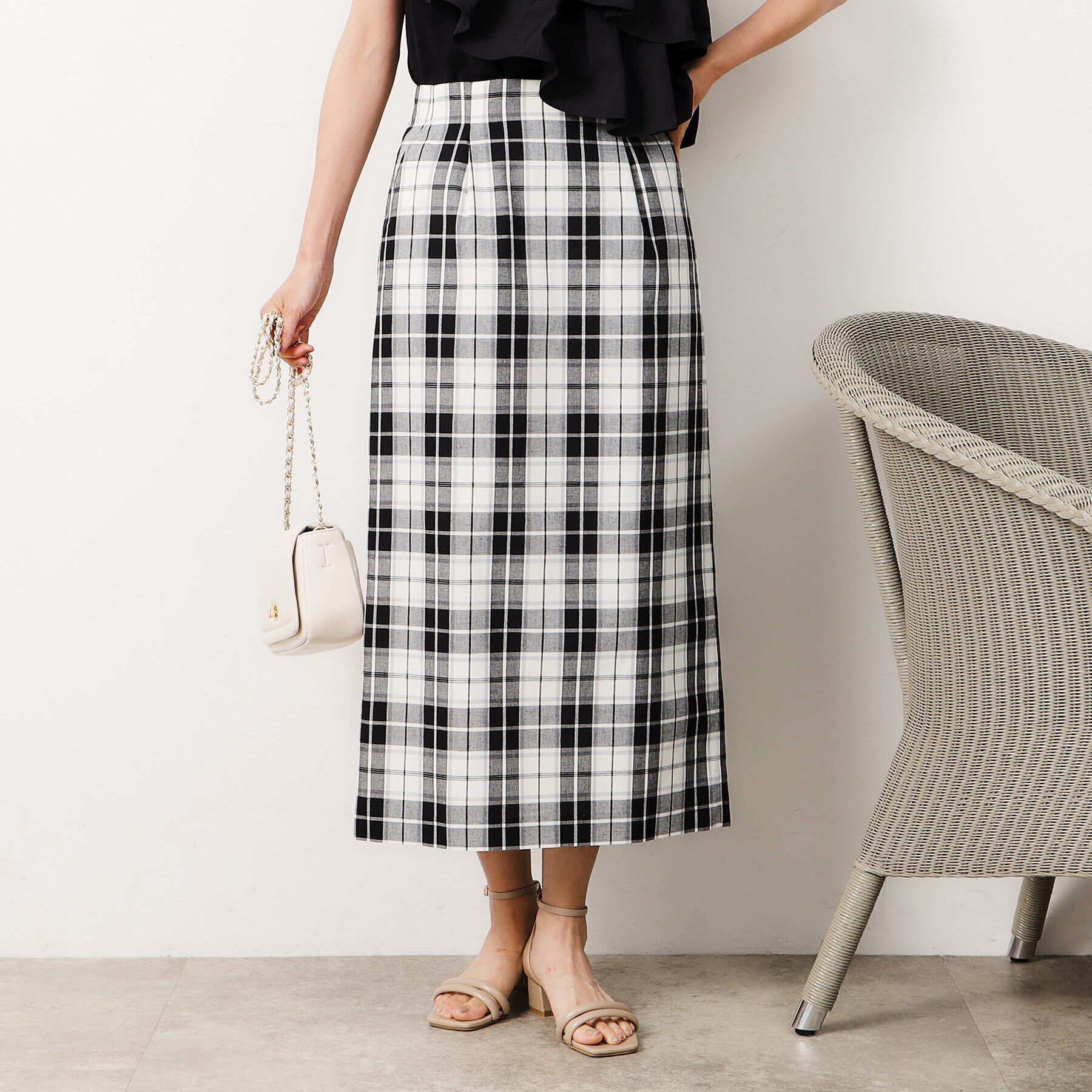 OPAQUE.CLIP「《美人百花掲載》マドラスチェックタイトスカート【洗濯機洗い可】」|スカート|ブラック(219)