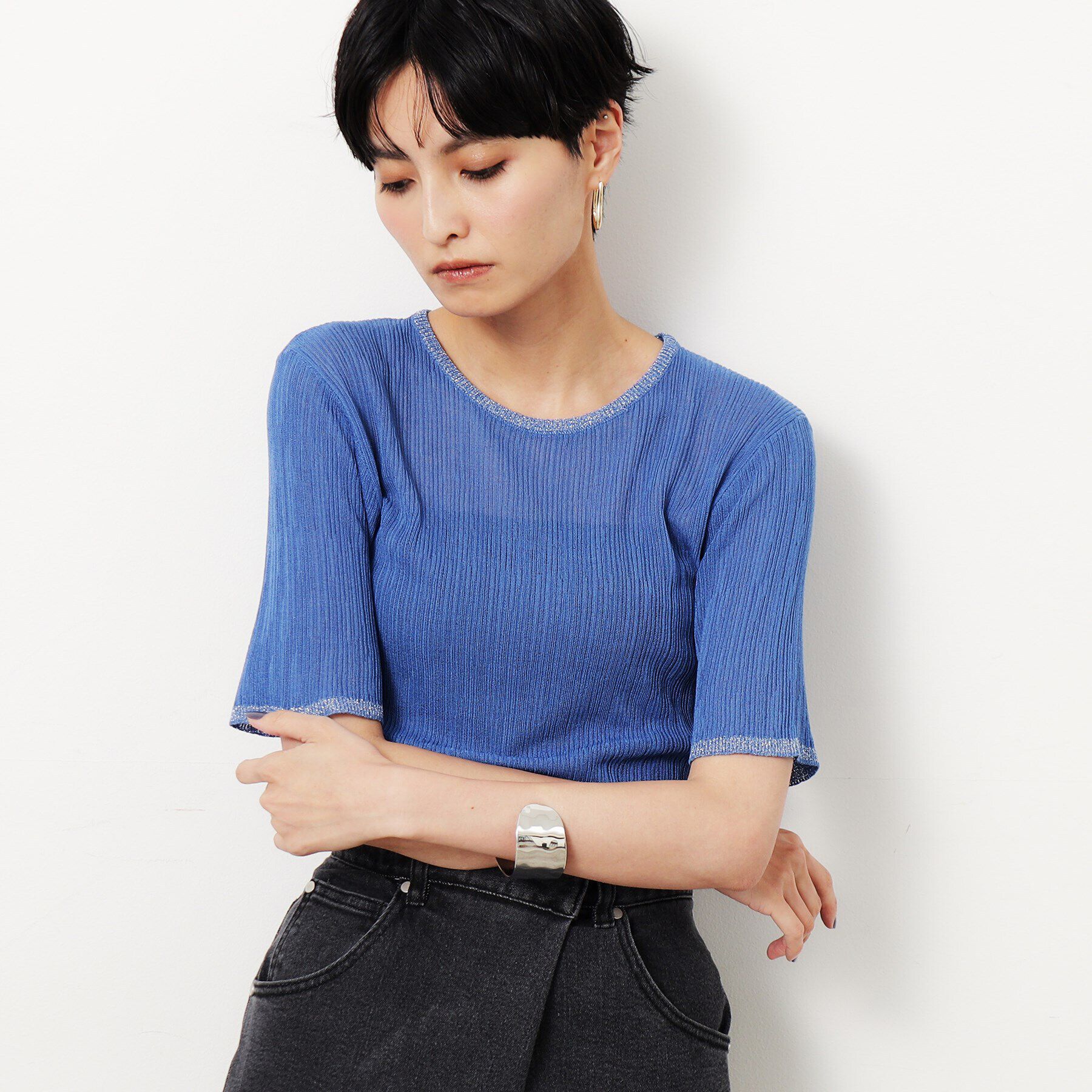 OPAQUE.CLIP「ラメ使いシアーニットプルオーバー【洗濯機洗い可/抗ピル】」|ニット・セーター|ブルー(093)