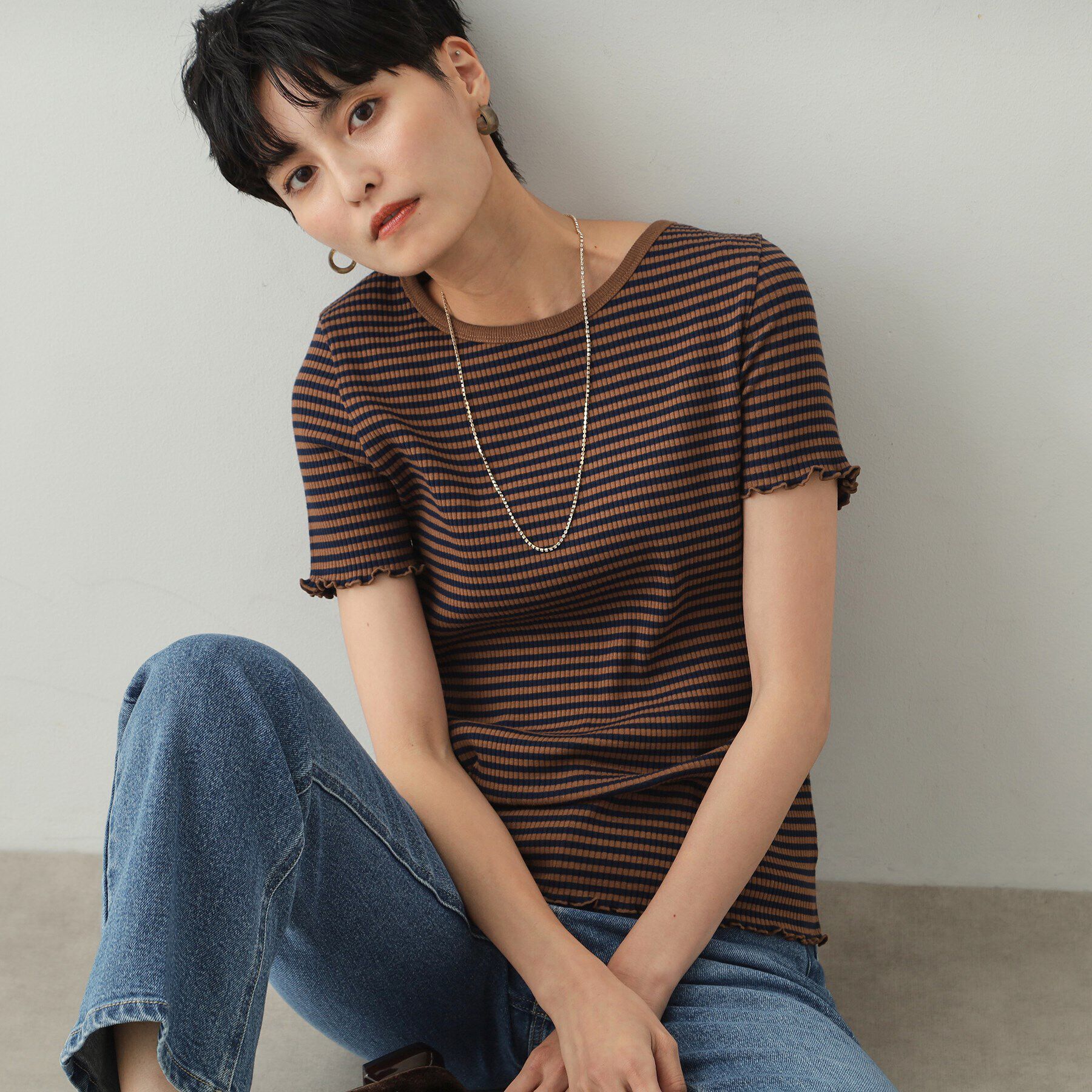 OPAQUE.CLIP「細ボーダーリブカットソー【洗濯機洗い可】」|Tシャツ・カットソー|ブラウン(343)